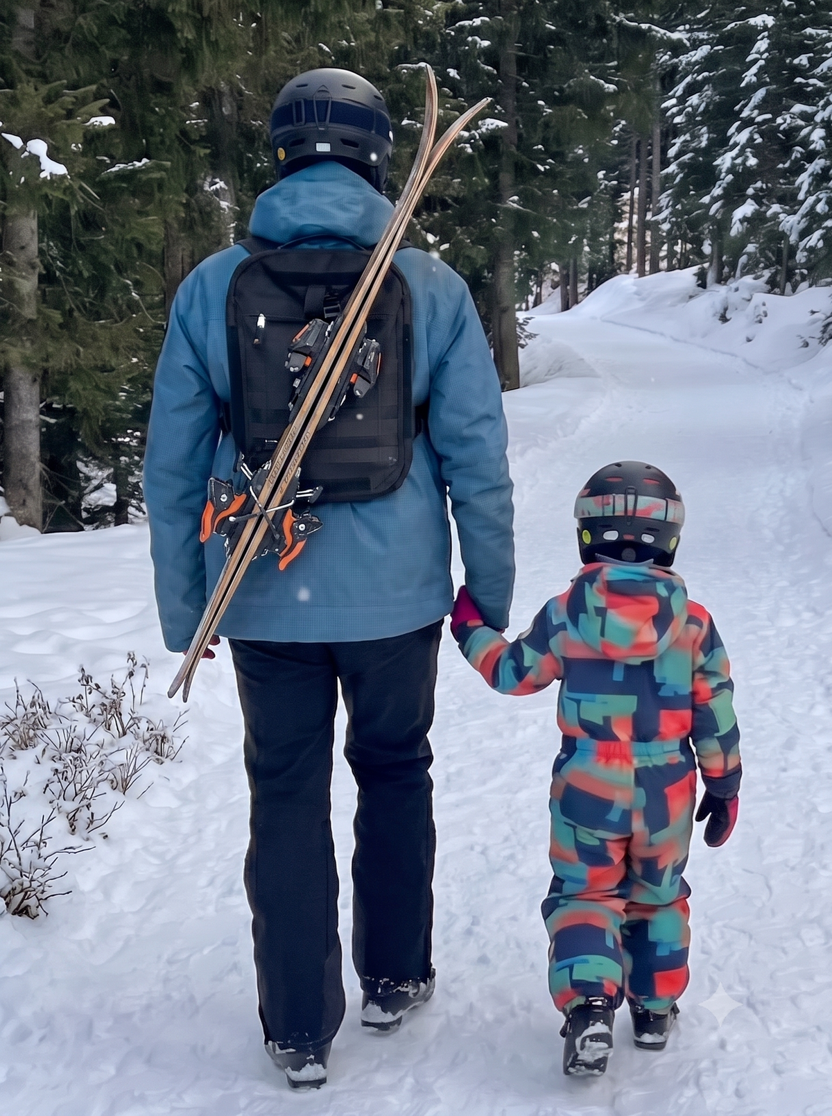 Adulto caminando por la nieve con los esquÃs sujetos al BackPanel Iziride, de la mano de un niño con mono de esquÃ