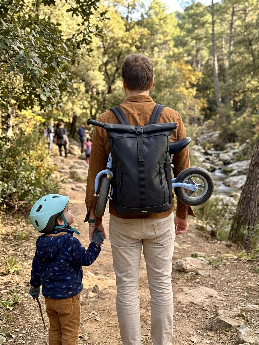 Padre de excursión por el bosque con la bicicleta de equilibrio de su hijo sujeta al BackPanel Iziride, llevando al niño de la mano