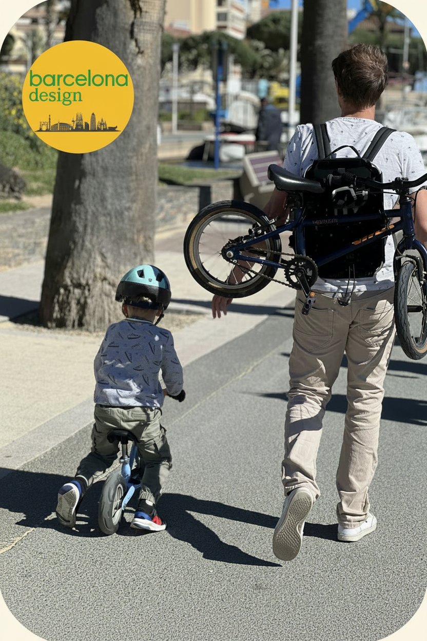 Padre llevando la bicicleta de su hijo sujeta al BackPanel Iziride mientras el niño rueda en su bicicleta de equilibrio, con el sello « barcelona design »